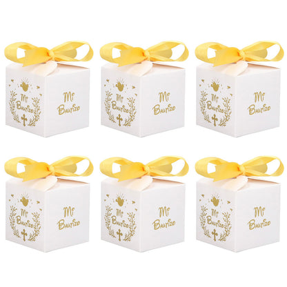 50pcs Party Favor Boxes Paper Material Mi Bautizo Pattern Equipped Gold Ribbon White Wedding Gift Boxes for V1294-YM0523-3117220001811