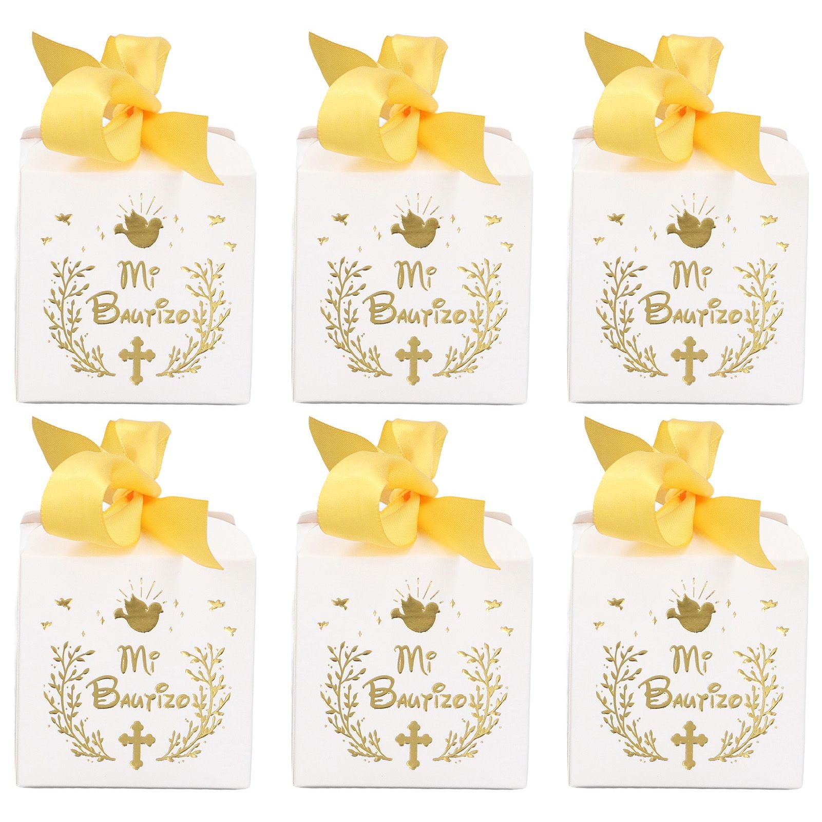 50pcs Party Favor Boxes Paper Material Mi Bautizo Pattern Equipped Gold Ribbon White Wedding Gift Boxes for V1294-YM0523-3117220001811