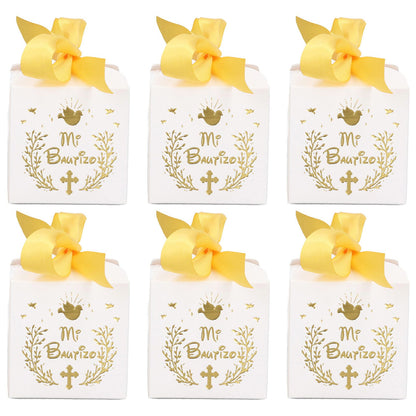 50pcs Party Favor Boxes Paper Material Mi Bautizo Pattern Equipped Gold Ribbon White Wedding Gift Boxes for V1294-YM0523-3117220001811