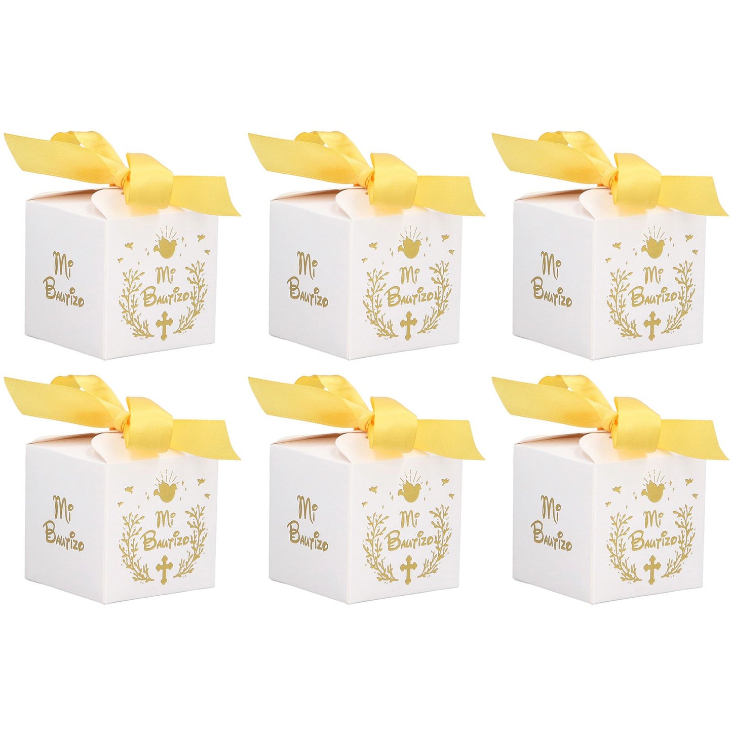 50pcs Party Favor Boxes Paper Material Mi Bautizo Pattern Equipped Gold Ribbon White Wedding Gift Boxes for V1294-YM0523-3117220001811