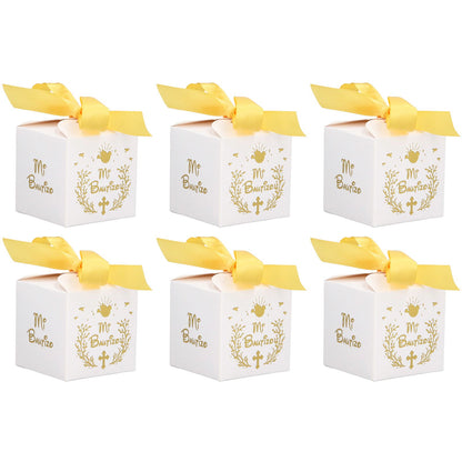 50pcs Party Favor Boxes Paper Material Mi Bautizo Pattern Equipped Gold Ribbon White Wedding Gift Boxes for V1294-YM0523-3117220001811