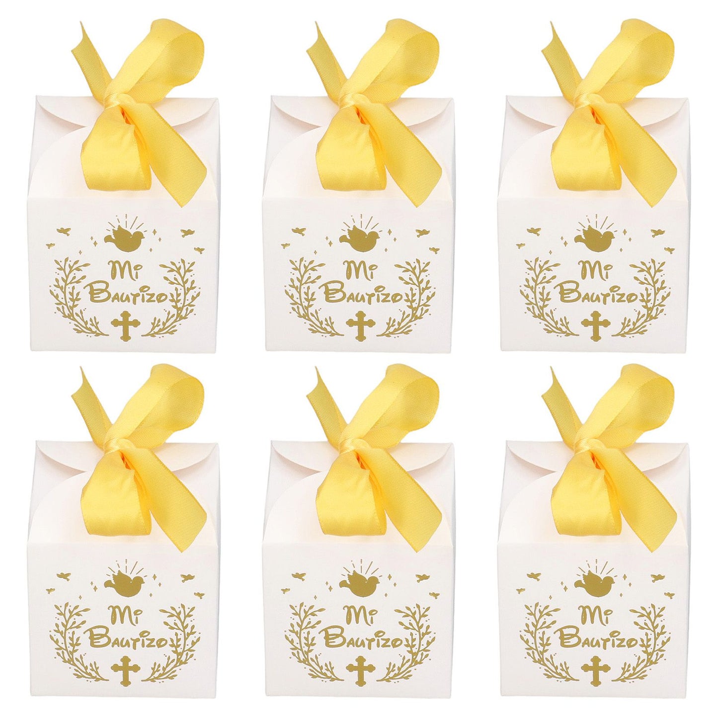 50pcs Party Favor Boxes Paper Material Mi Bautizo Pattern Equipped Gold Ribbon White Wedding Gift Boxes for V1294-YM0523-3117220001811