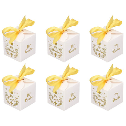 50pcs Party Favor Boxes Paper Material Mi Bautizo Pattern Equipped Gold Ribbon White Wedding Gift Boxes for V1294-YM0523-3117220001811
