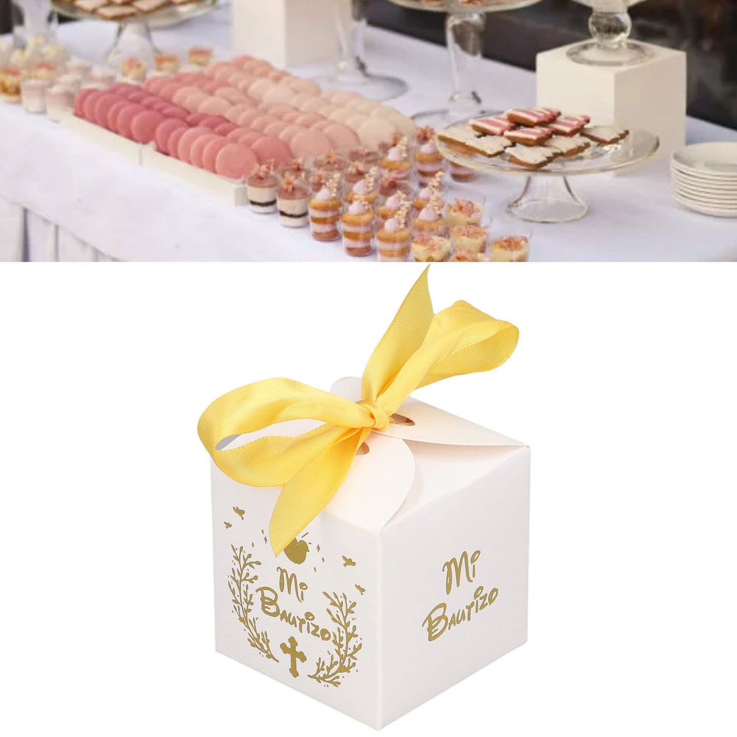 50pcs Party Favor Boxes Paper Material Mi Bautizo Pattern Equipped Gold Ribbon White Wedding Gift Boxes for V1294-YM0523-3117220001811