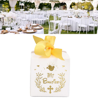 50pcs Party Favor Boxes Paper Material Mi Bautizo Pattern Equipped Gold Ribbon White Wedding Gift Boxes for V1294-YM0523-3117220001811
