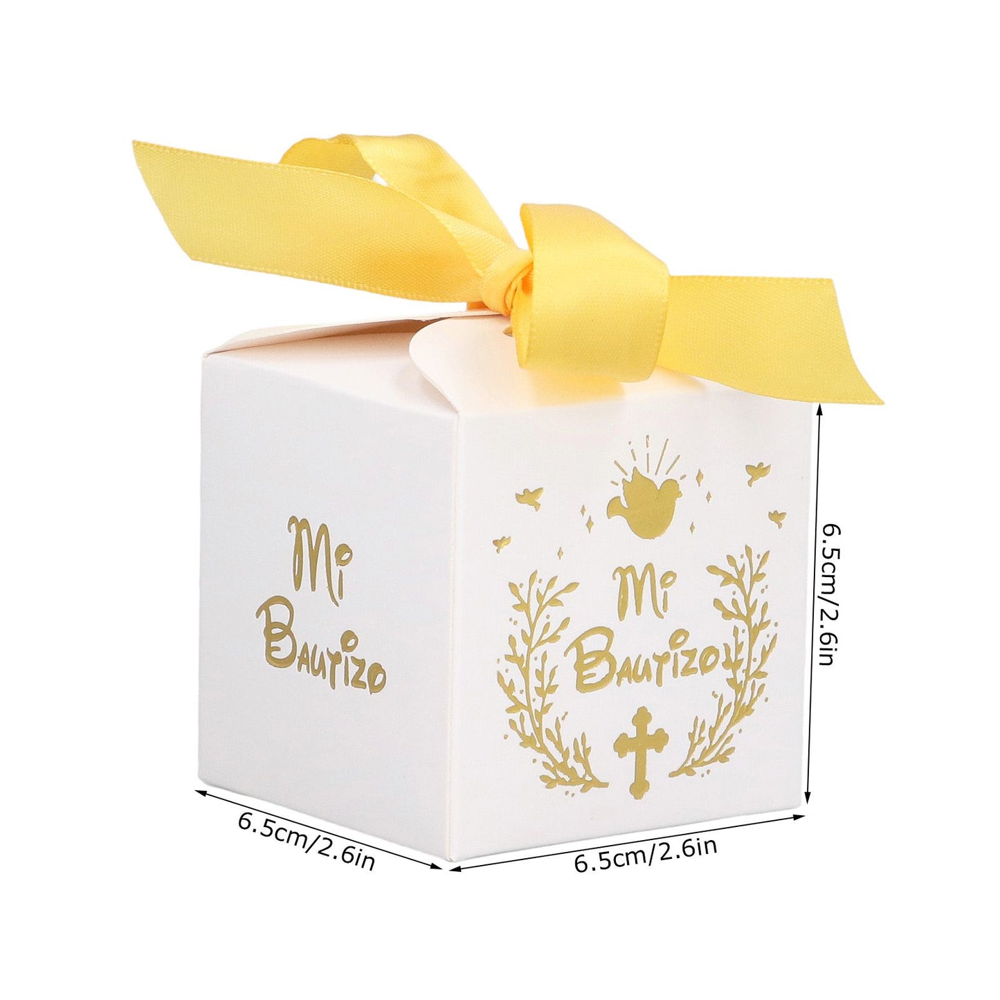 50pcs Party Favor Boxes Paper Material Mi Bautizo Pattern Equipped Gold Ribbon White Wedding Gift Boxes for V1294-YM0523-3117220001811