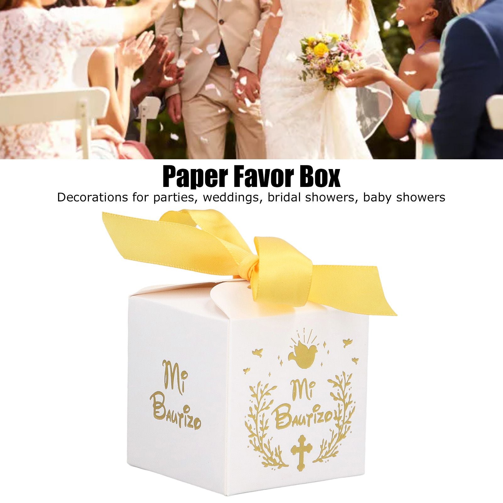 50pcs Party Favor Boxes Paper Material Mi Bautizo Pattern Equipped Gold Ribbon White Wedding Gift Boxes for V1294-YM0523-3117220001811