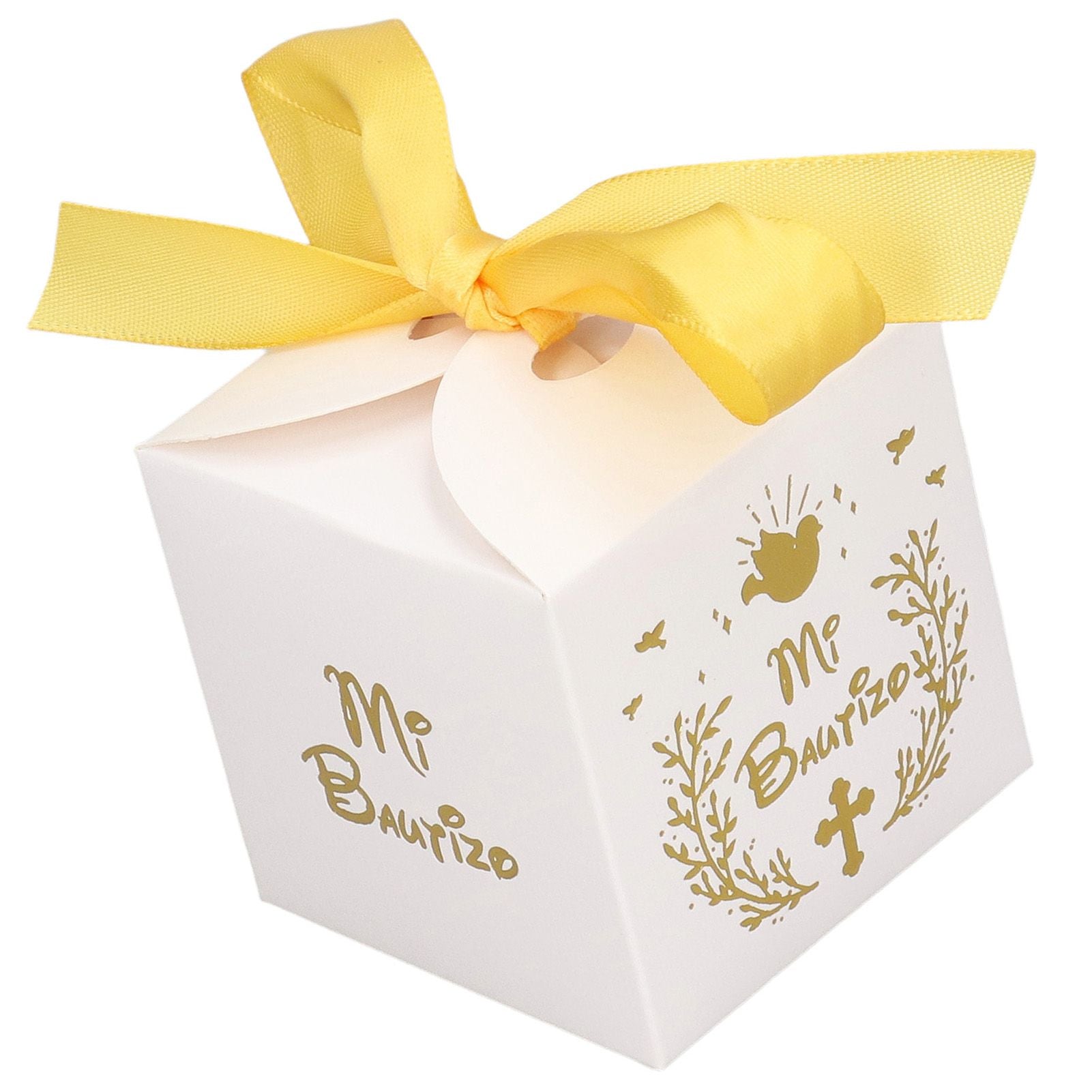 50pcs Party Favor Boxes Paper Material Mi Bautizo Pattern Equipped Gold Ribbon White Wedding Gift Boxes for V1294-YM0523-3117220001811