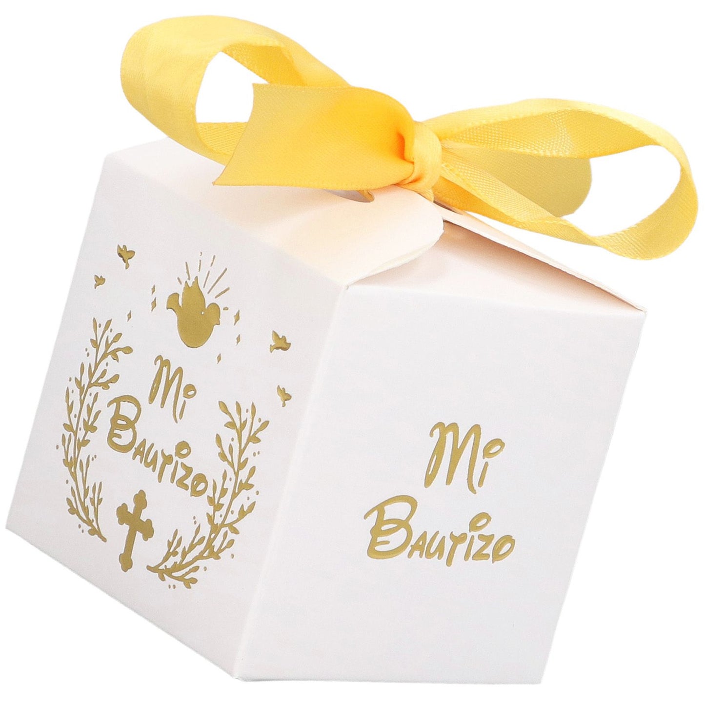 50pcs Party Favor Boxes Paper Material Mi Bautizo Pattern Equipped Gold Ribbon White Wedding Gift Boxes for V1294-YM0523-3117220001811