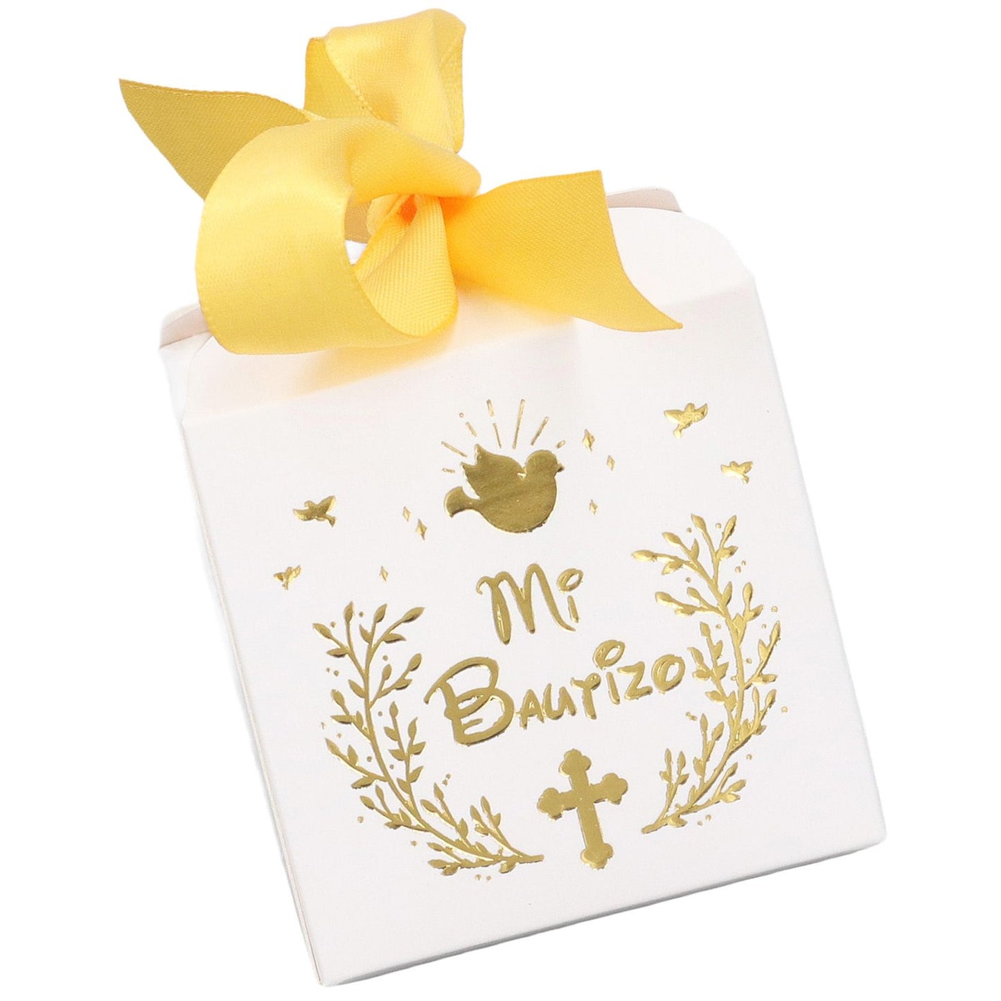 50pcs Party Favor Boxes Paper Material Mi Bautizo Pattern Equipped Gold Ribbon White Wedding Gift Boxes for V1294-YM0523-3117220001811