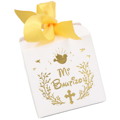 50pcs Party Favor Boxes Paper Material Mi Bautizo Pattern Equipped Gold Ribbon White Wedding Gift Boxes for V1294-YM0523-3117220001811