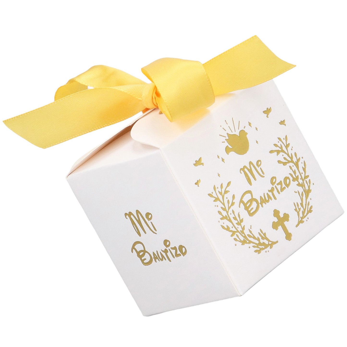 50pcs Party Favor Boxes Paper Material Mi Bautizo Pattern Equipped Gold Ribbon White Wedding Gift Boxes for V1294-YM0523-3117220001811