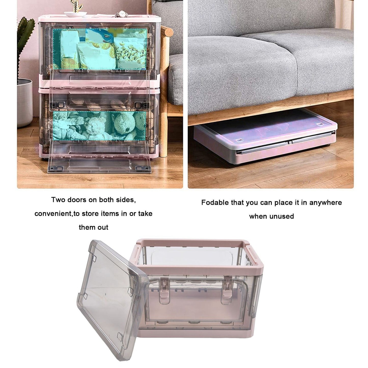 Stackable Storage Bin 35L Pink Double Door 4 Wheel Foldable Stackable Storage Box for Office Home Bedroom V1294-YM0523-3117220007811