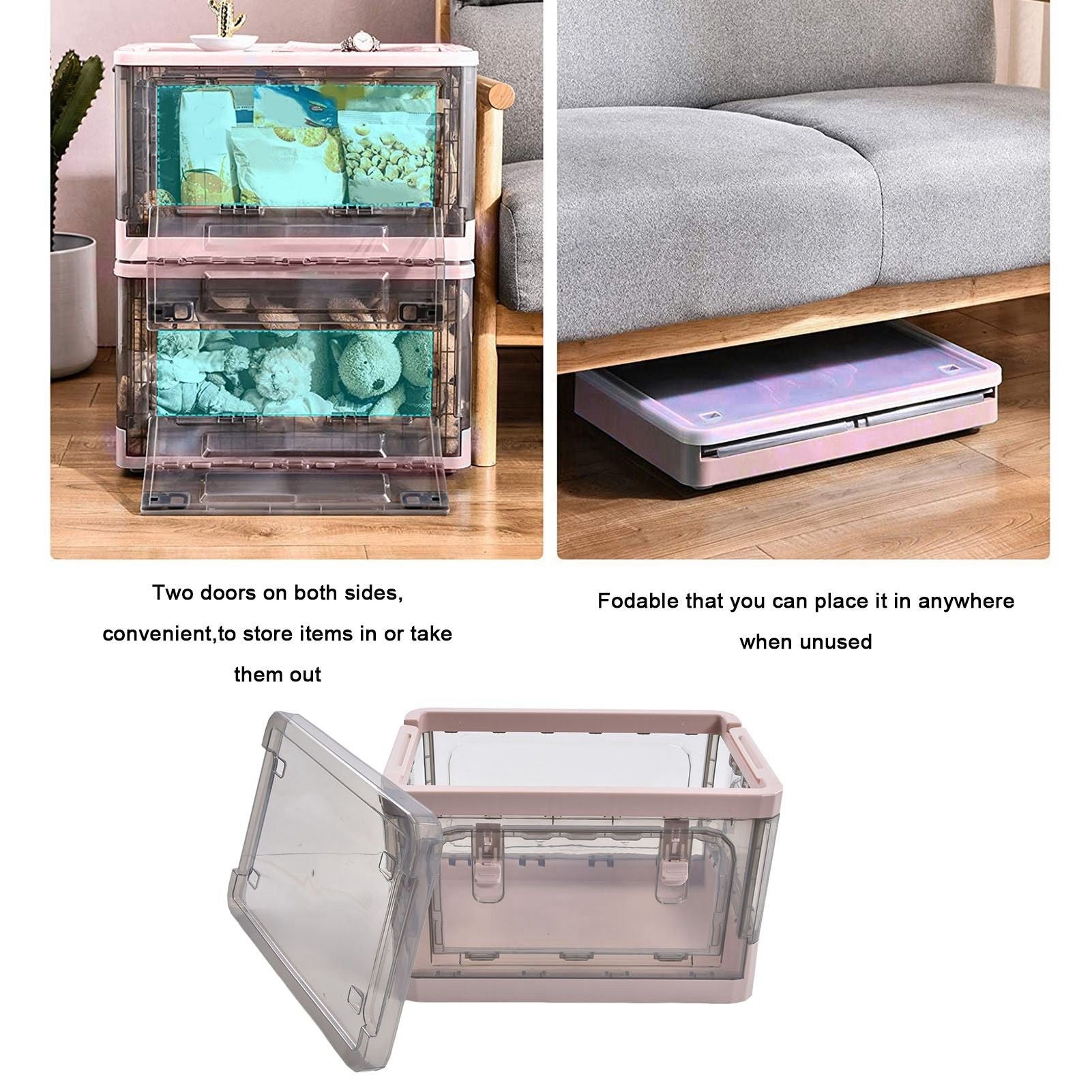 Stackable Storage Bin 35L Pink Double Door 4 Wheel Foldable Stackable Storage Box for Office Home Bedroom V1294-YM0523-3117220007811