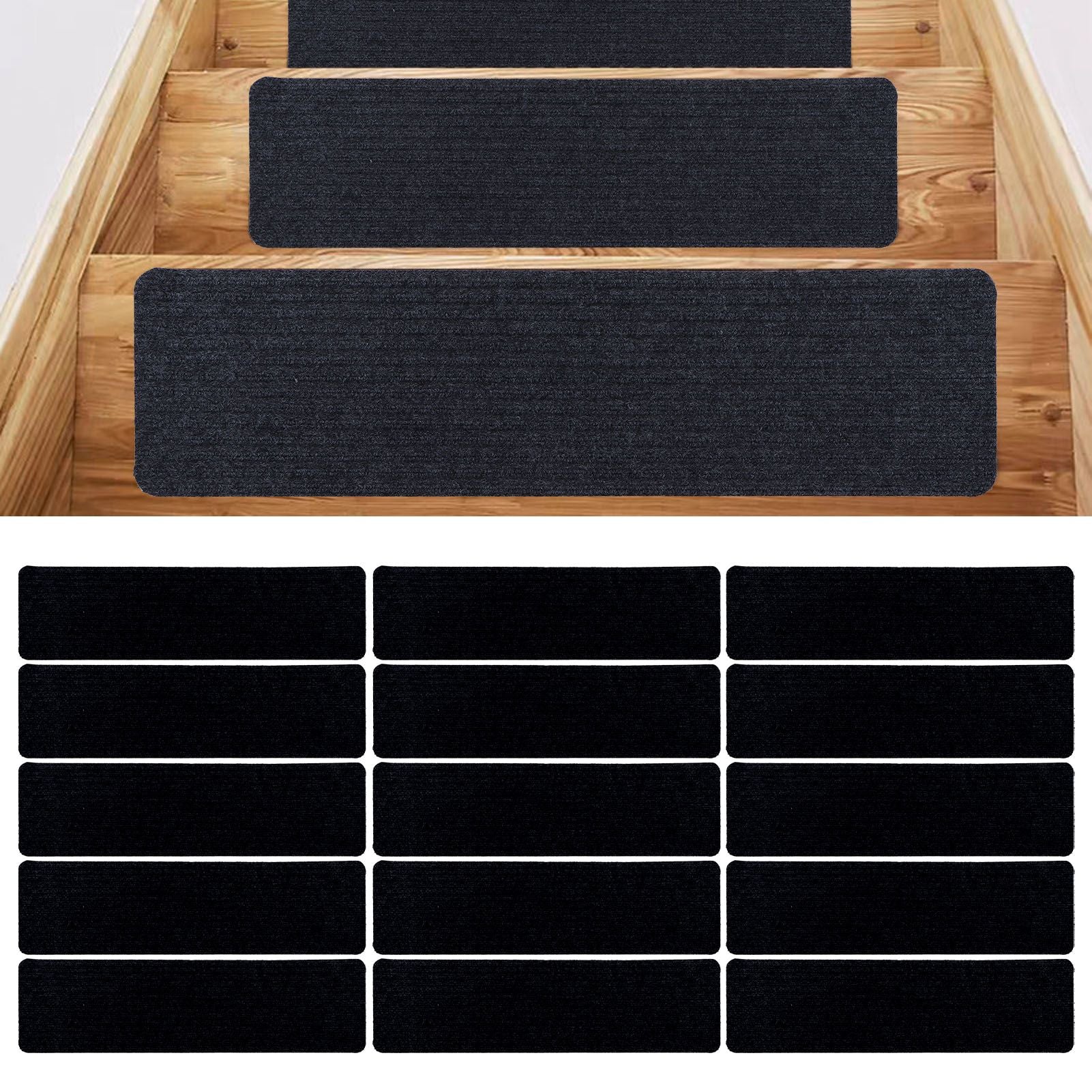 15 Pcs Stair Treads Cuttable Polyester Non Slip Soft Self Adhesive Stair Stripe Floor Mat CarpetBlack White V1294-YM0523-3117220008312