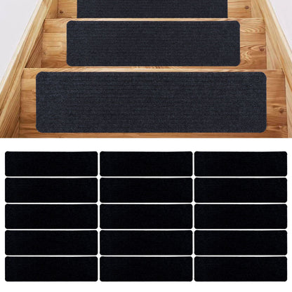 15 Pcs Stair Treads Cuttable Polyester Non Slip Soft Self Adhesive Stair Stripe Floor Mat CarpetBlack White V1294-YM0523-3117220008312
