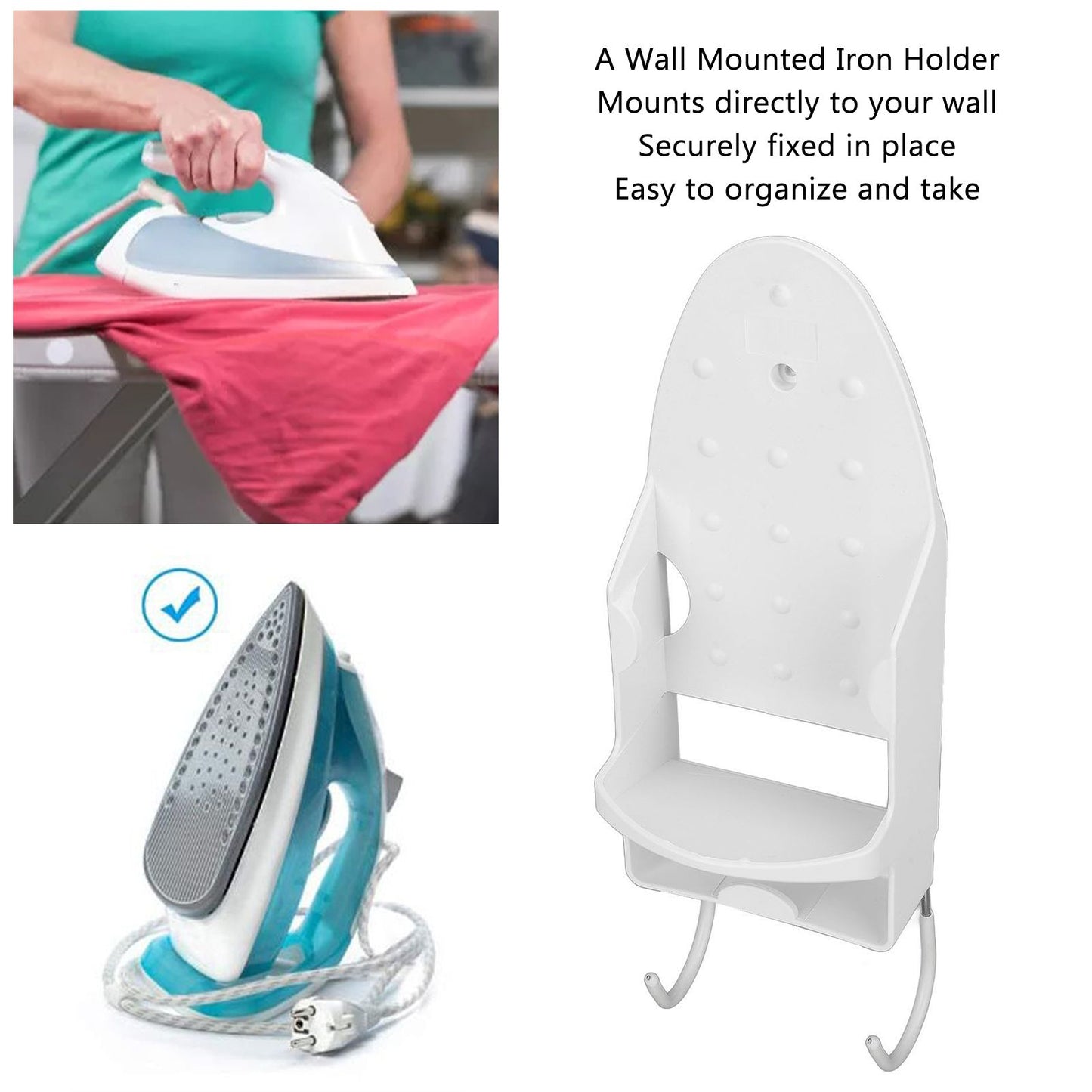Electric Iron Holder Heat Resistant 2 in 1 Wall Mounted Iron Board Rack with Hook for Home BathroomWhite V1294-YM0523-3117220020411