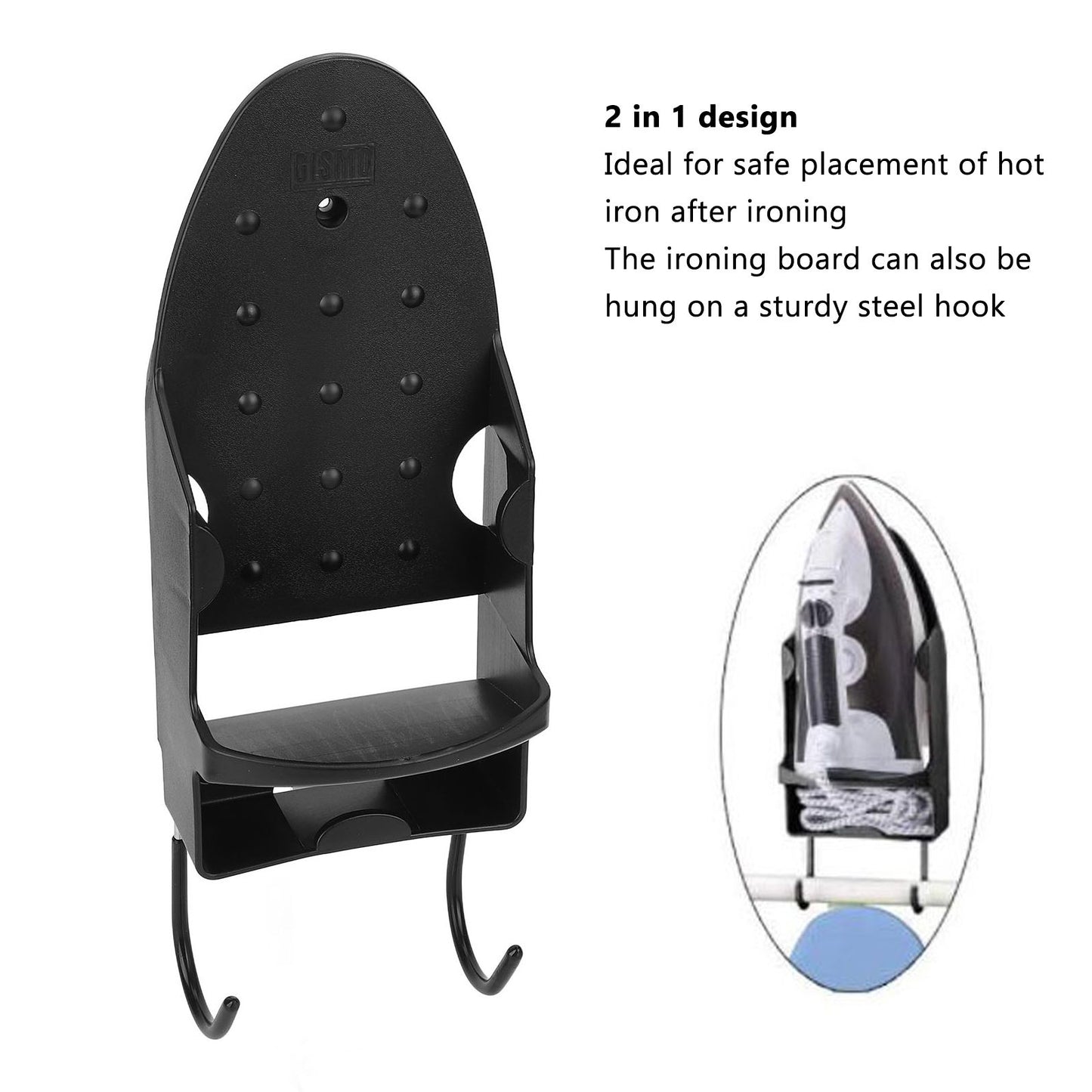 Electric Iron Holder Heat Resistant 2 in 1 Wall Mounted Iron Board Rack with Hook for Home BathroomBlack V1294-YM0523-3117220020412
