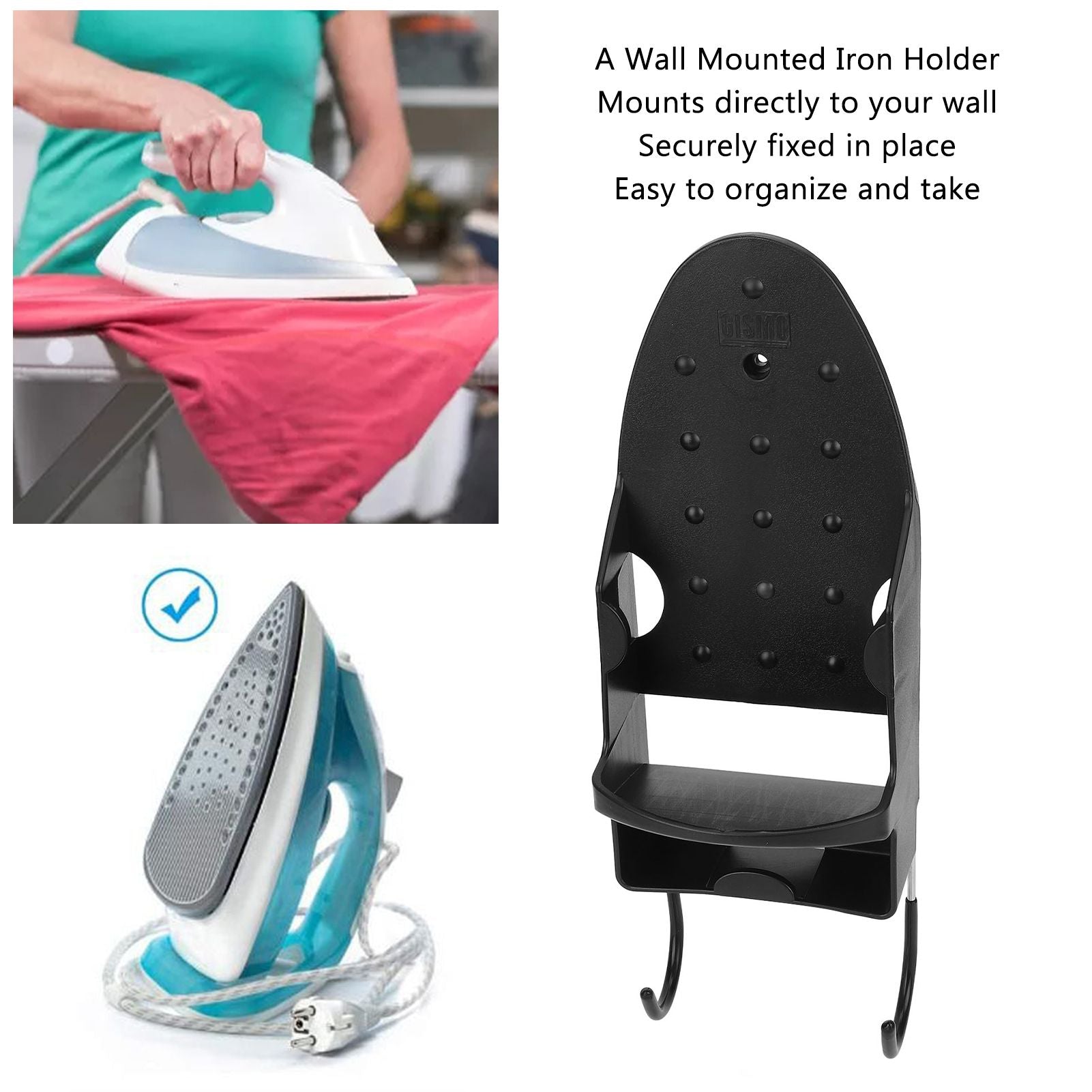 Electric Iron Holder Heat Resistant 2 in 1 Wall Mounted Iron Board Rack with Hook for Home BathroomBlack V1294-YM0523-3117220020412