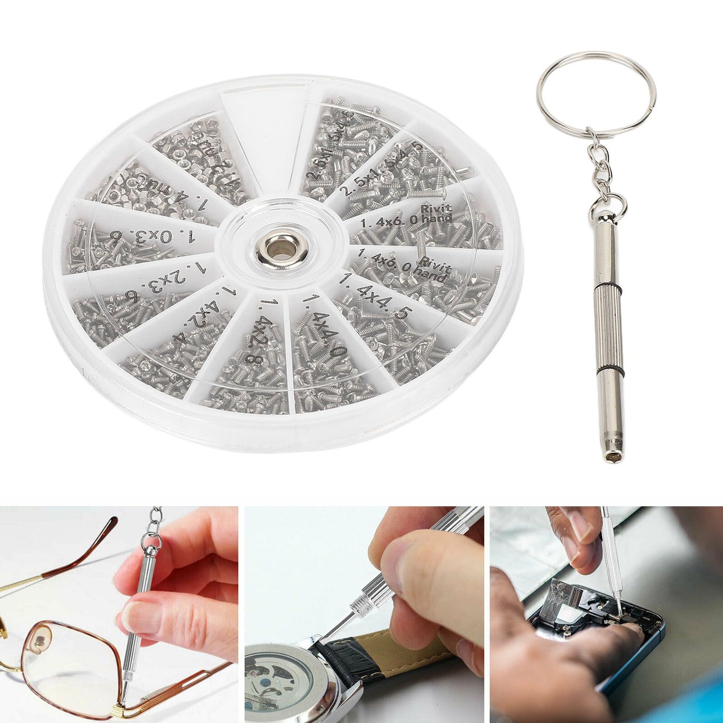 Screw Nut Assortment Kit 600pcs Watch Glasses Small Screw Nut Repair Kit with Screwdriver M1M1.2 M1.4 M1.6 V1294-YM0523-3117220025411