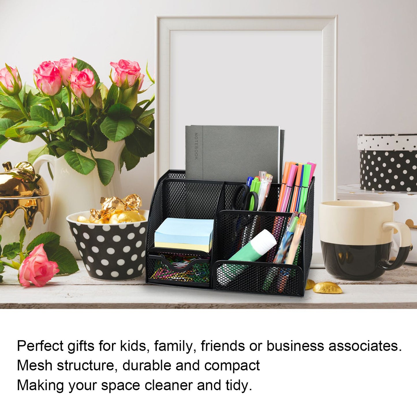 Desktop Mesh Pen Storage Holder 7 Compartments Multifunction Black for Home Sturdy Office V1294-YM0523-3117220033311