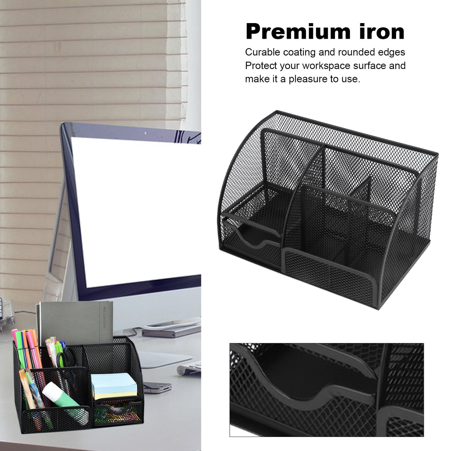 Desktop Mesh Pen Storage Holder 7 Compartments Multifunction Black for Home Sturdy Office V1294-YM0523-3117220033311