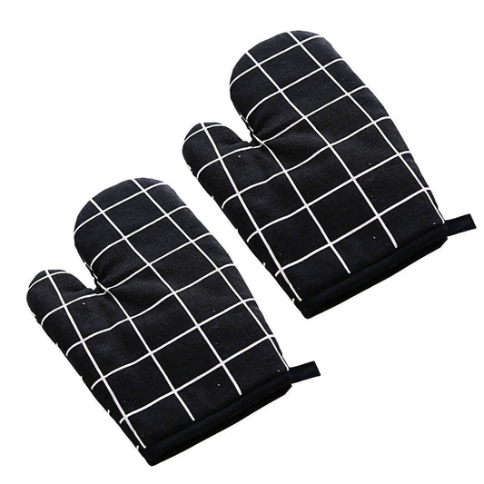 Oven Mitt Cooking Mitten Cotton Lining Heat Resistant Gloves Tool for Baking DishBlack Grids V1294-YM0523-3117220039312