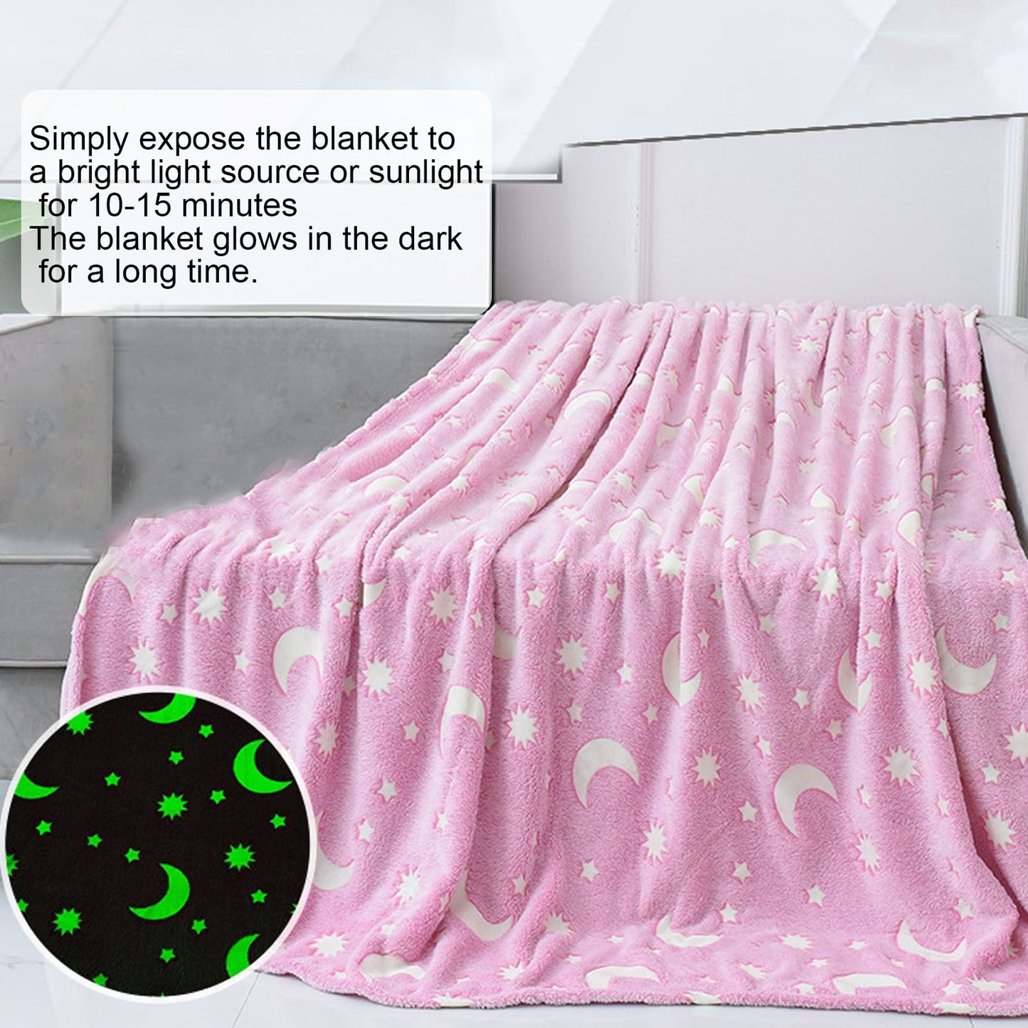 1.5x2m Luminous Blanket Double Side Flannel Star Moon Design Soft Glow in The Dark Blanket for KidsPink V1294-YM0523-3117220043211