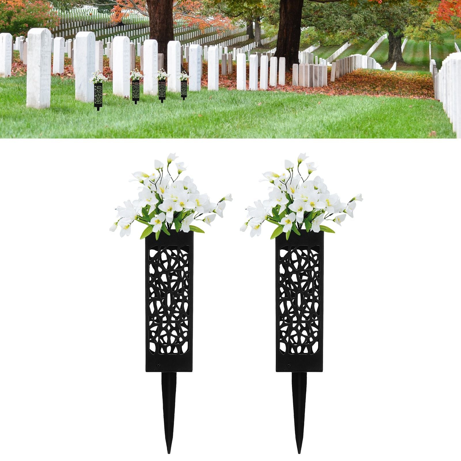 2Pcs Cemetery Grave Vase Black Column Unique Hollow Design Easy Installation Ground Insert Grave Flower V1294-YM0523-3117220045511