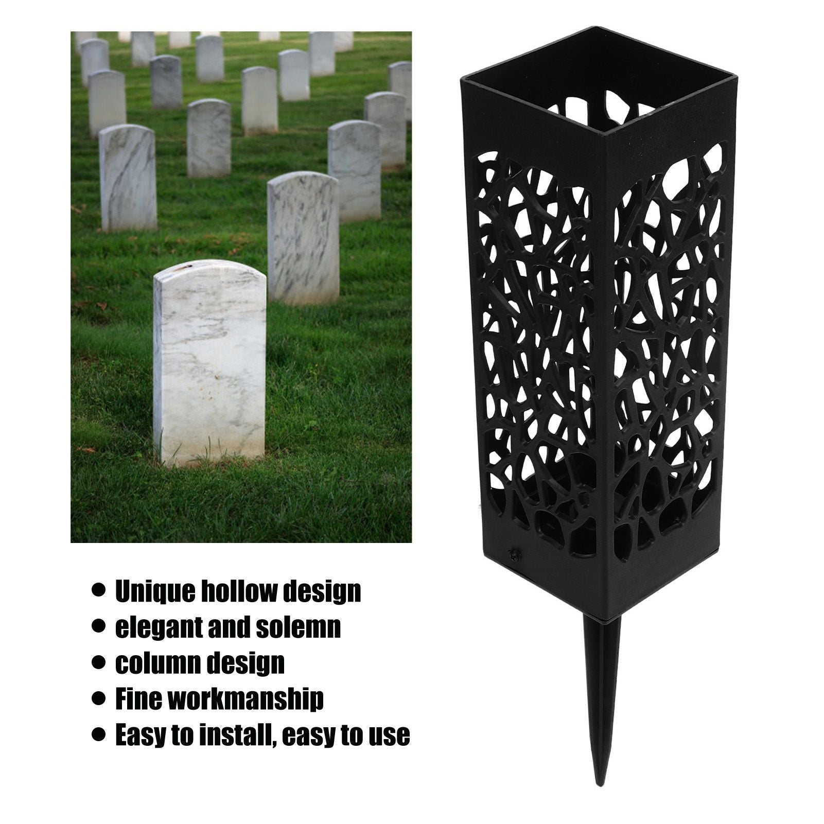 2Pcs Cemetery Grave Vase Black Column Unique Hollow Design Easy Installation Ground Insert Grave Flower V1294-YM0523-3117220045511