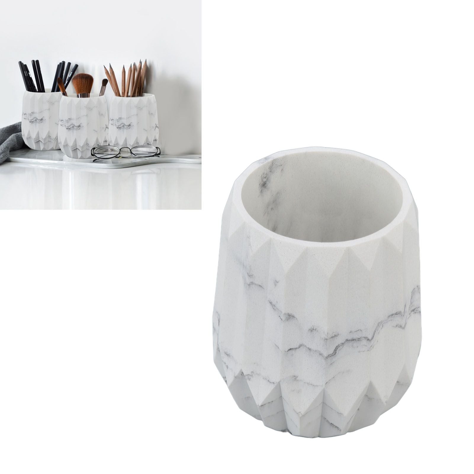 Makeup Brush Holder Durable Glossy Resin Large Capacity Modern Design Marble Vein Makeup Brush Organizer V1294-YM0523-3117220048711
