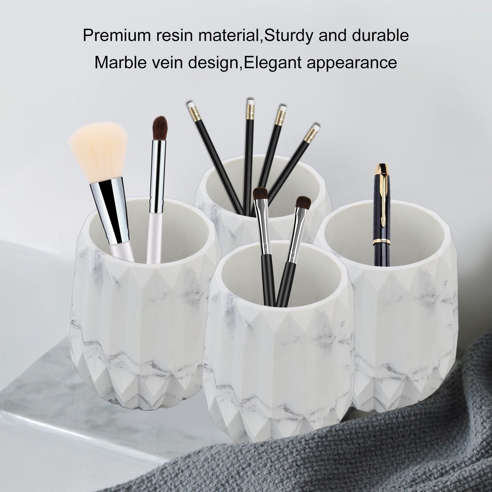 Makeup Brush Holder Durable Glossy Resin Large Capacity Modern Design Marble Vein Makeup Brush Organizer V1294-YM0523-3117220048711