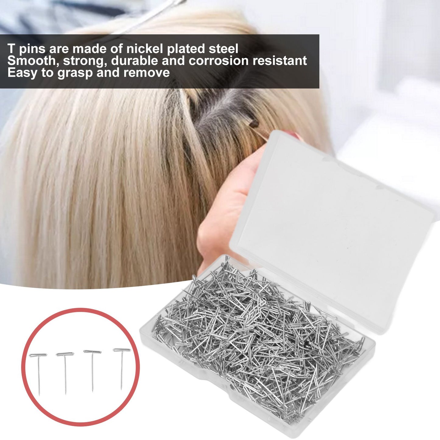 500pcs Stainless Steel T Pins 27mm/1.06in Wig T Pins T Shaped Needles with Plastic Box for Sewing Modelling V1294-YM0523-3117220052111