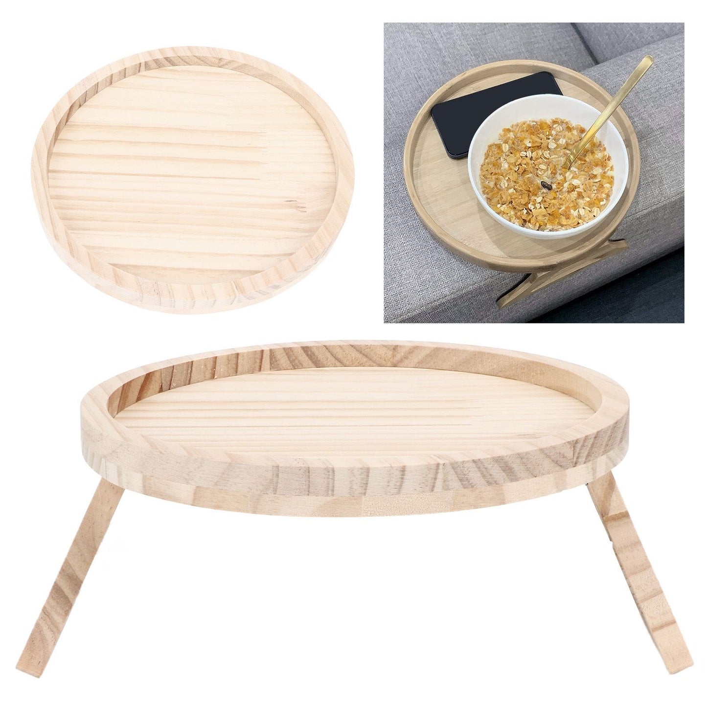 Clip On Tray Natural Bamboo 9.8in Round Home Couch Sofa Armrest Clip Tray Table for Snack Coffee Tee Remote V1294-YM0523-3117220056711