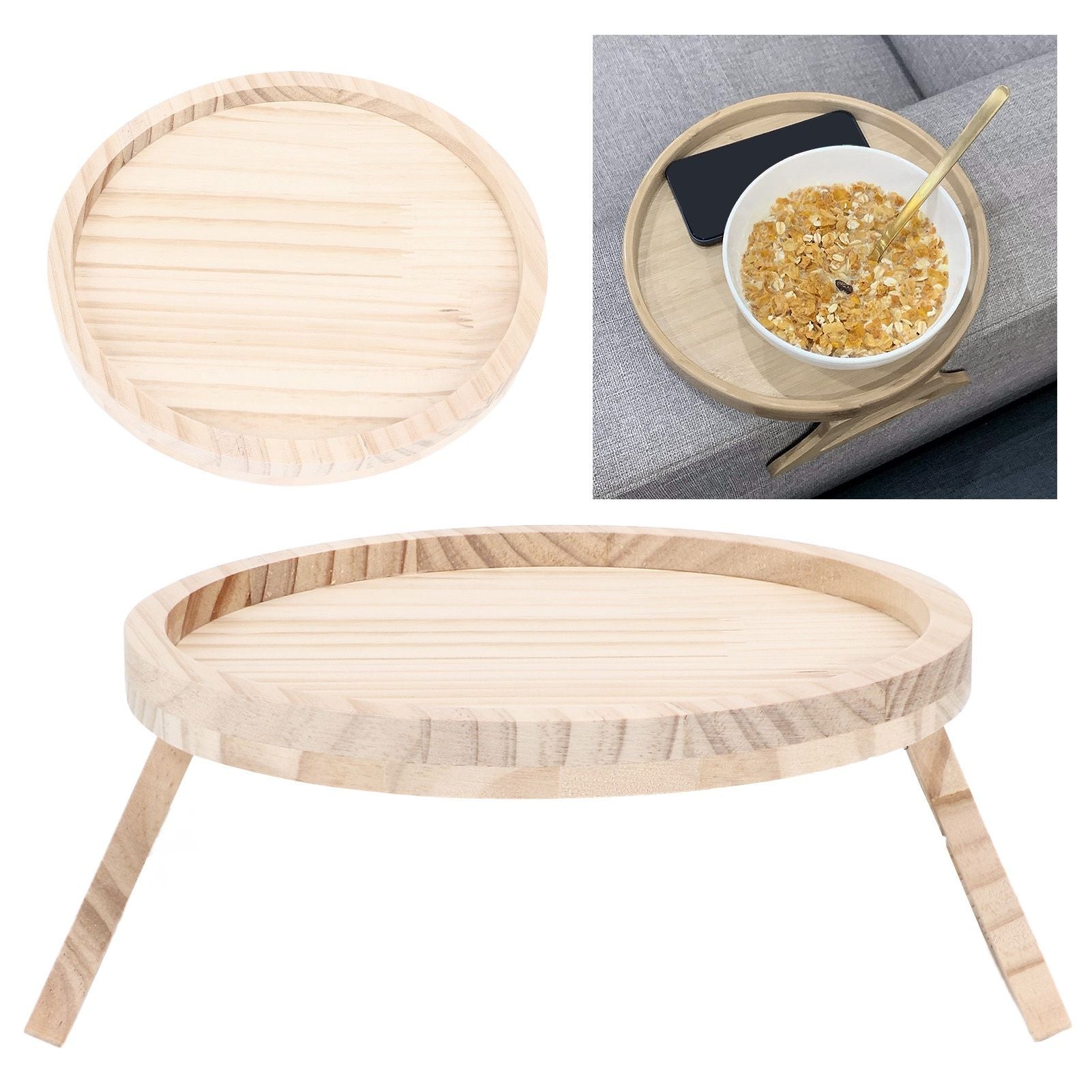 Clip On Tray Natural Bamboo 9.8in Round Home Couch Sofa Armrest Clip Tray Table for Snack Coffee Tee Remote V1294-YM0523-3117220056711