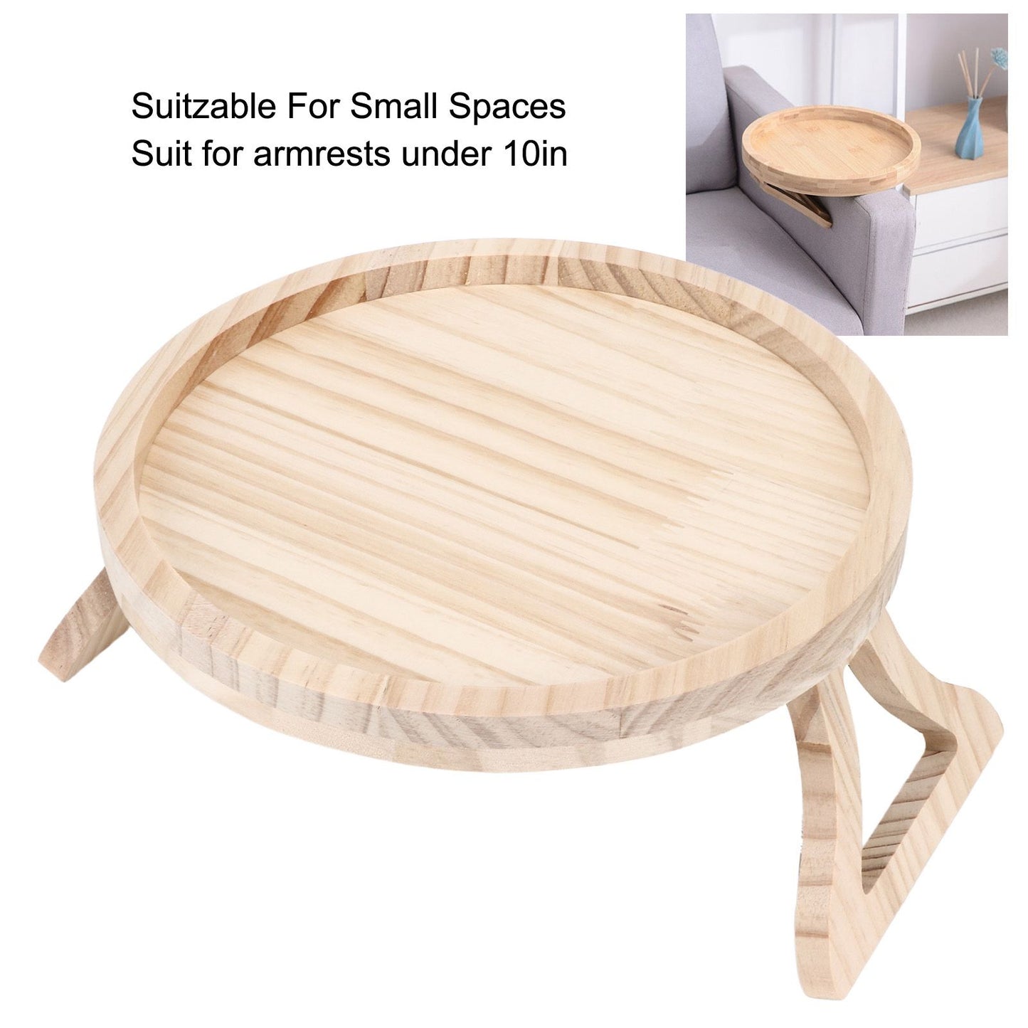 Clip On Tray Natural Bamboo 9.8in Round Home Couch Sofa Armrest Clip Tray Table for Snack Coffee Tee Remote V1294-YM0523-3117220056711