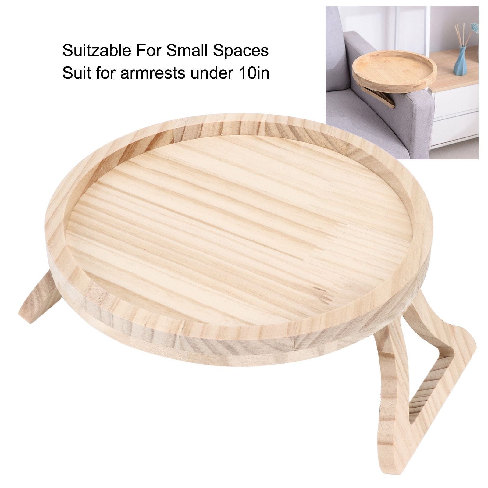 Clip On Tray Natural Bamboo 9.8in Round Home Couch Sofa Armrest Clip Tray Table for Snack Coffee Tee Remote V1294-YM0523-3117220056711