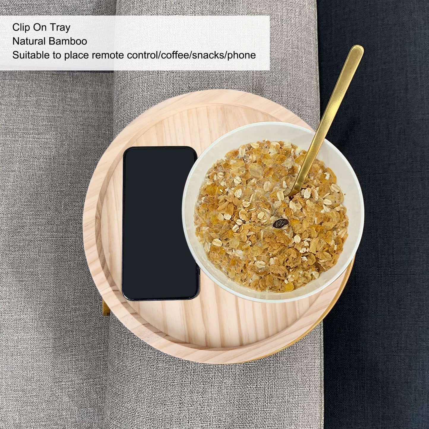 Clip On Tray Natural Bamboo 9.8in Round Home Couch Sofa Armrest Clip Tray Table for Snack Coffee Tee Remote V1294-YM0523-3117220056711