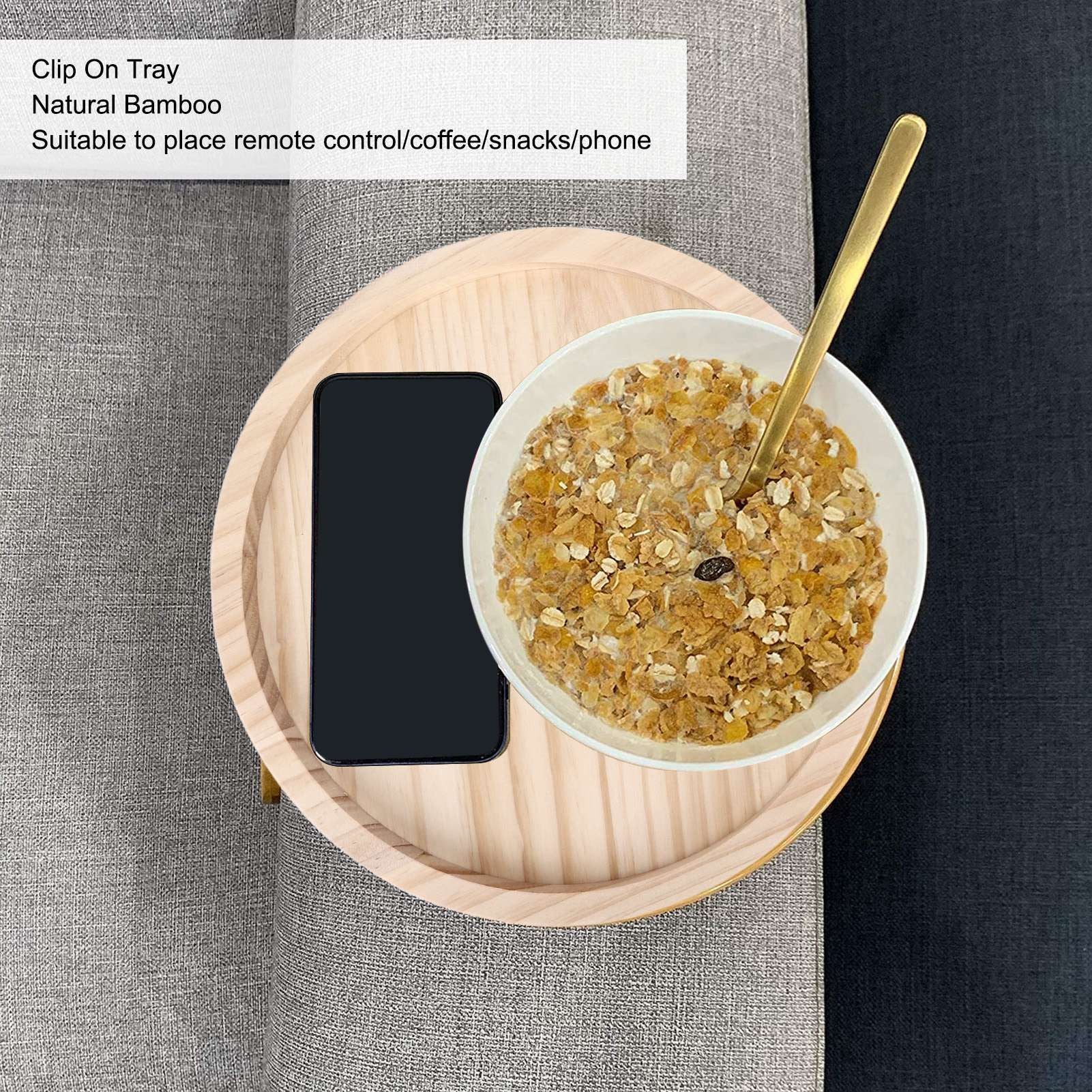 Clip On Tray Natural Bamboo 9.8in Round Home Couch Sofa Armrest Clip Tray Table for Snack Coffee Tee Remote V1294-YM0523-3117220056711