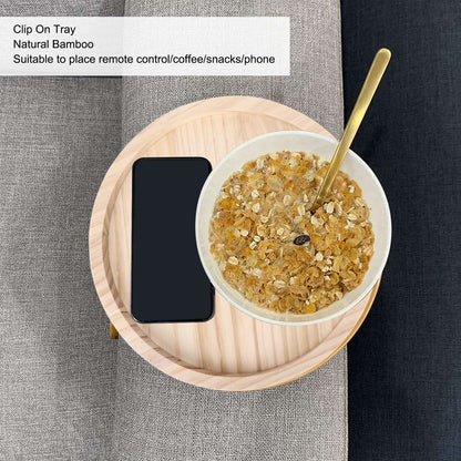 Clip On Tray Natural Bamboo 9.8in Round Home Couch Sofa Armrest Clip Tray Table for Snack Coffee Tee Remote V1294-YM0523-3117220056711