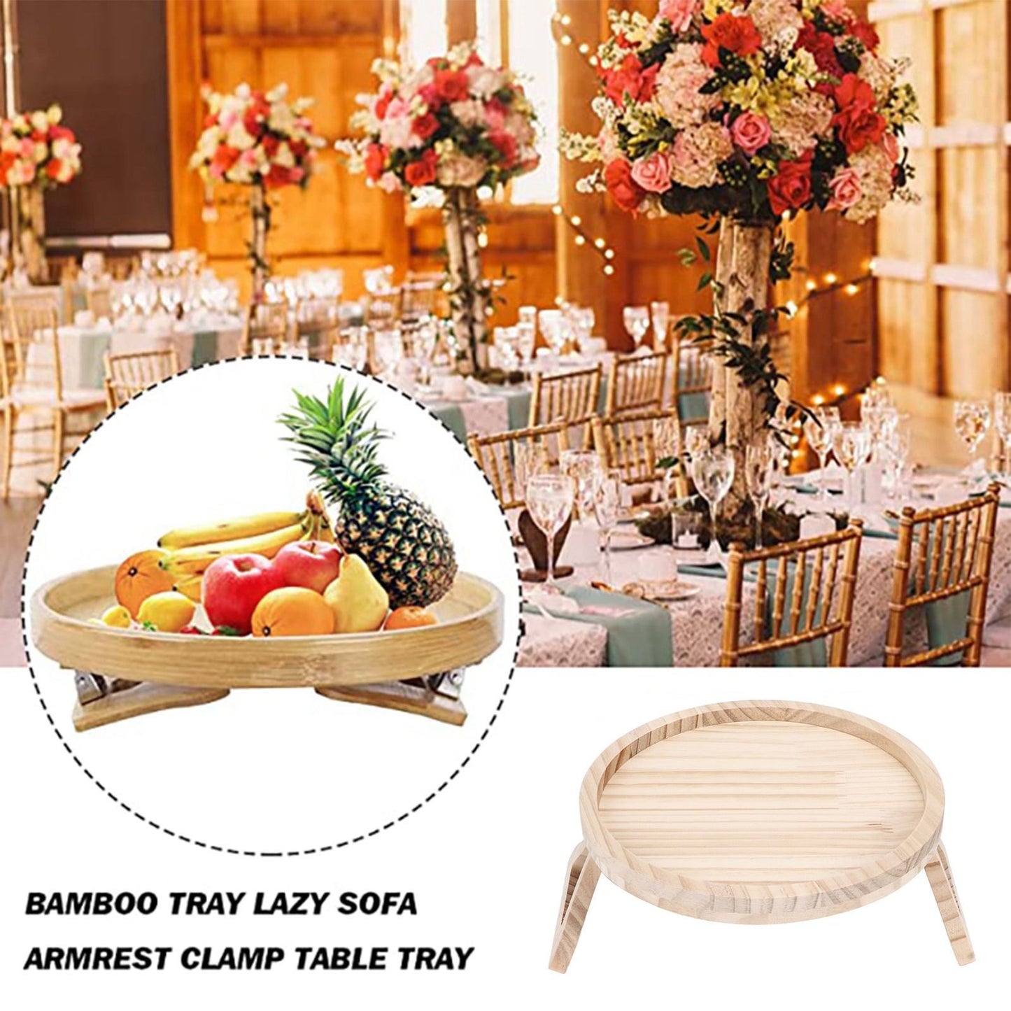 Clip On Tray Natural Bamboo 9.8in Round Home Couch Sofa Armrest Clip Tray Table for Snack Coffee Tee Remote V1294-YM0523-3117220056711