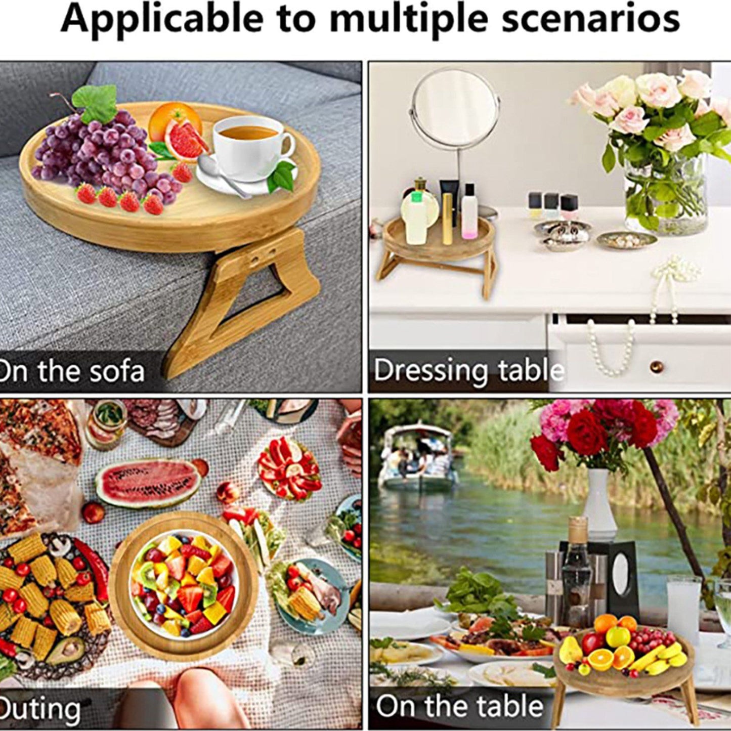 Clip On Tray Natural Bamboo 9.8in Round Home Couch Sofa Armrest Clip Tray Table for Snack Coffee Tee Remote V1294-YM0523-3117220056711
