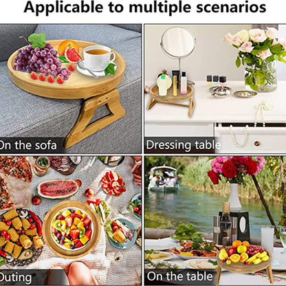 Clip On Tray Natural Bamboo 9.8in Round Home Couch Sofa Armrest Clip Tray Table for Snack Coffee Tee Remote V1294-YM0523-3117220056711