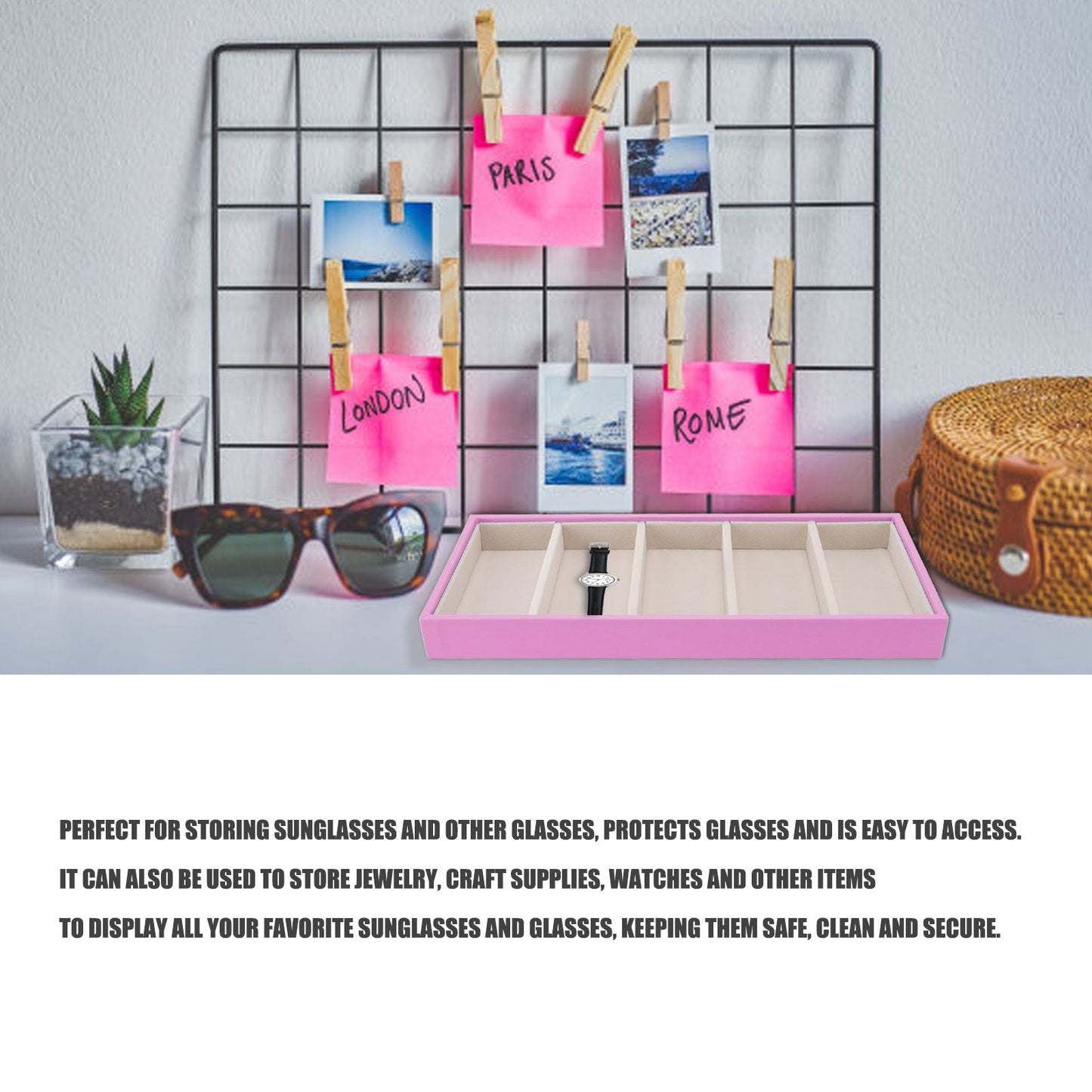 5 Grid Glasses Case Multifunction Space Saving 5 Slot Sunglasses Holder Storage Box Pink V1294-YM0523-3117220060812