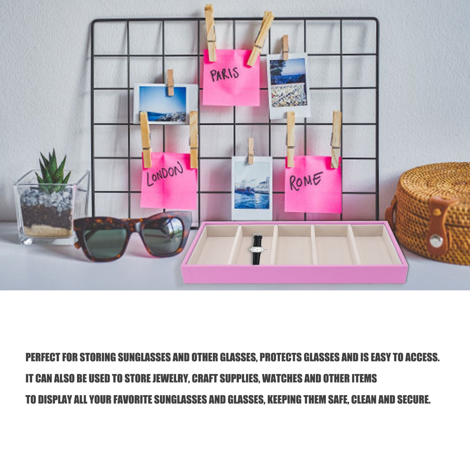 5 Grid Glasses Case Multifunction Space Saving 5 Slot Sunglasses Holder Storage Box Pink V1294-YM0523-3117220060812