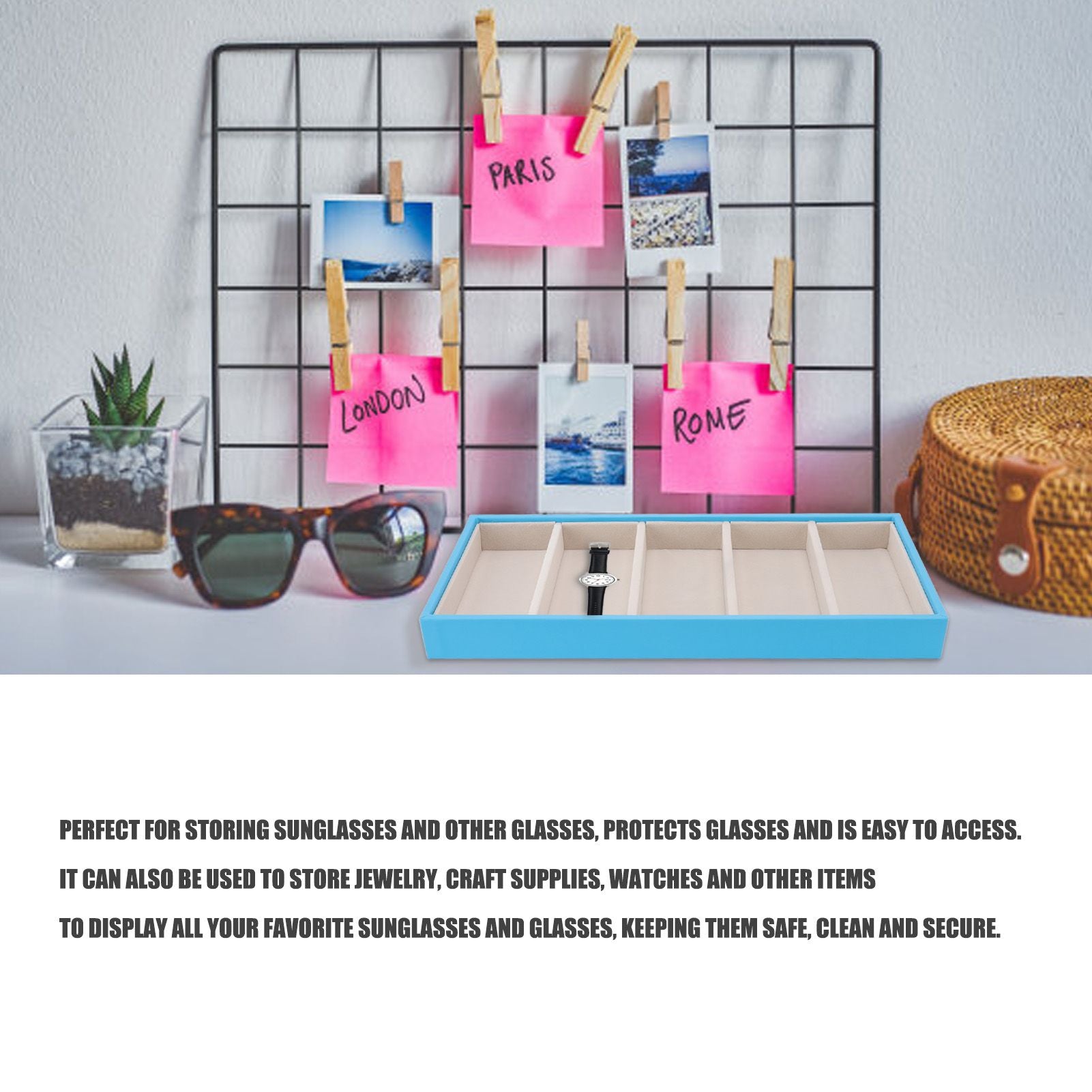 5 Grid Glasses Case Multifunction Space Saving 5 Slot Sunglasses Holder Storage Box Light Blue V1294-YM0523-3117220060813