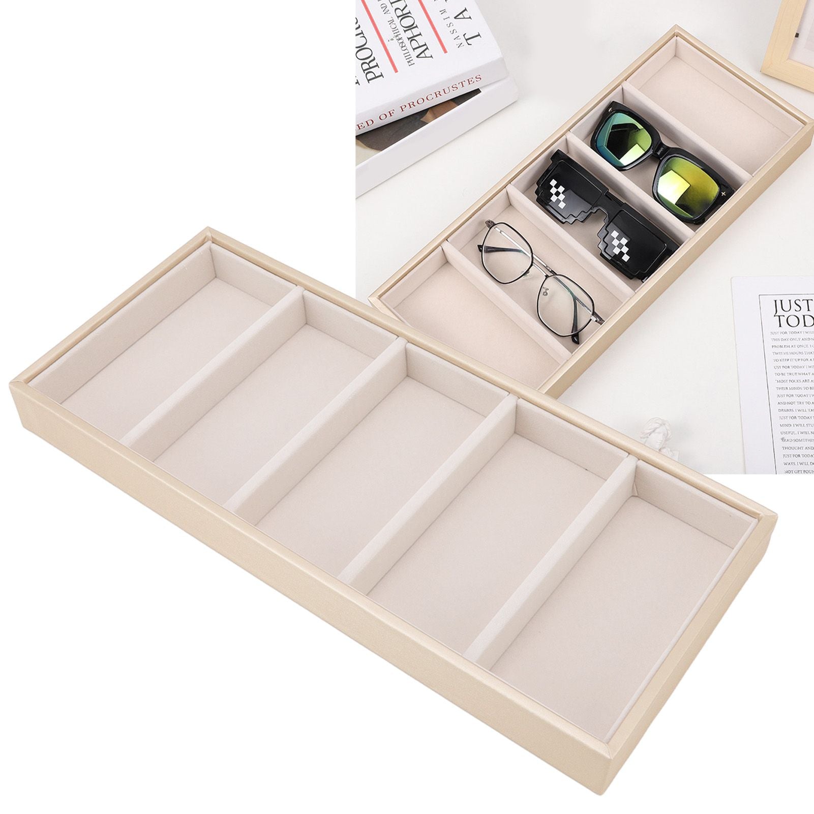 5 Grid Glasses Case Multifunction Space Saving 5 Slot Sunglasses Holder Storage Box Beige V1294-YM0523-3117220060814