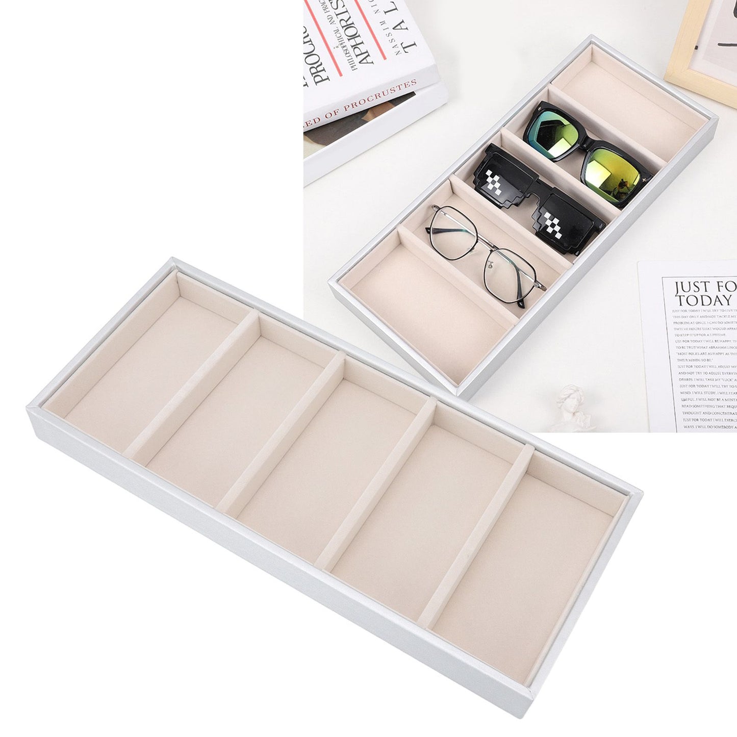 5 Grid Glasses Case Multifunction Space Saving 5 Slot Sunglasses Holder Storage Box Silver Gray V1294-YM0523-3117220060815