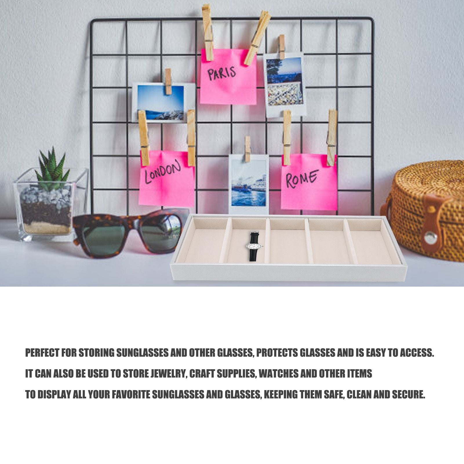 5 Grid Glasses Case Multifunction Space Saving 5 Slot Sunglasses Holder Storage Box Silver Gray V1294-YM0523-3117220060815
