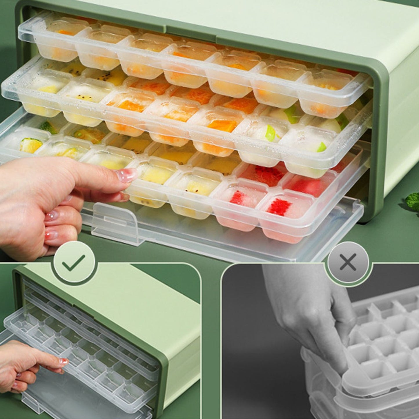 3 Layer Ice Cube Tray Large Capacity Easy Demoulding Pull Out Ice Cube Bin with Ice Shovel Lid for Yogurt V1294-YM0523-3117220065111